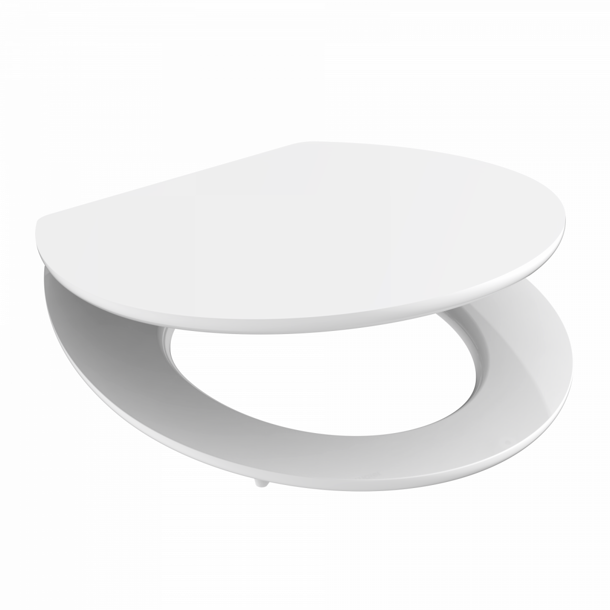 Weißer Toilettensitz mit abgerundeter, leicht dreieckiger Form und offenem Scharnierbereich.