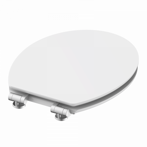Weißer, ovaler WC-Sitz mit geschlossener Klobrille und silbernen Metallscharnieren.
