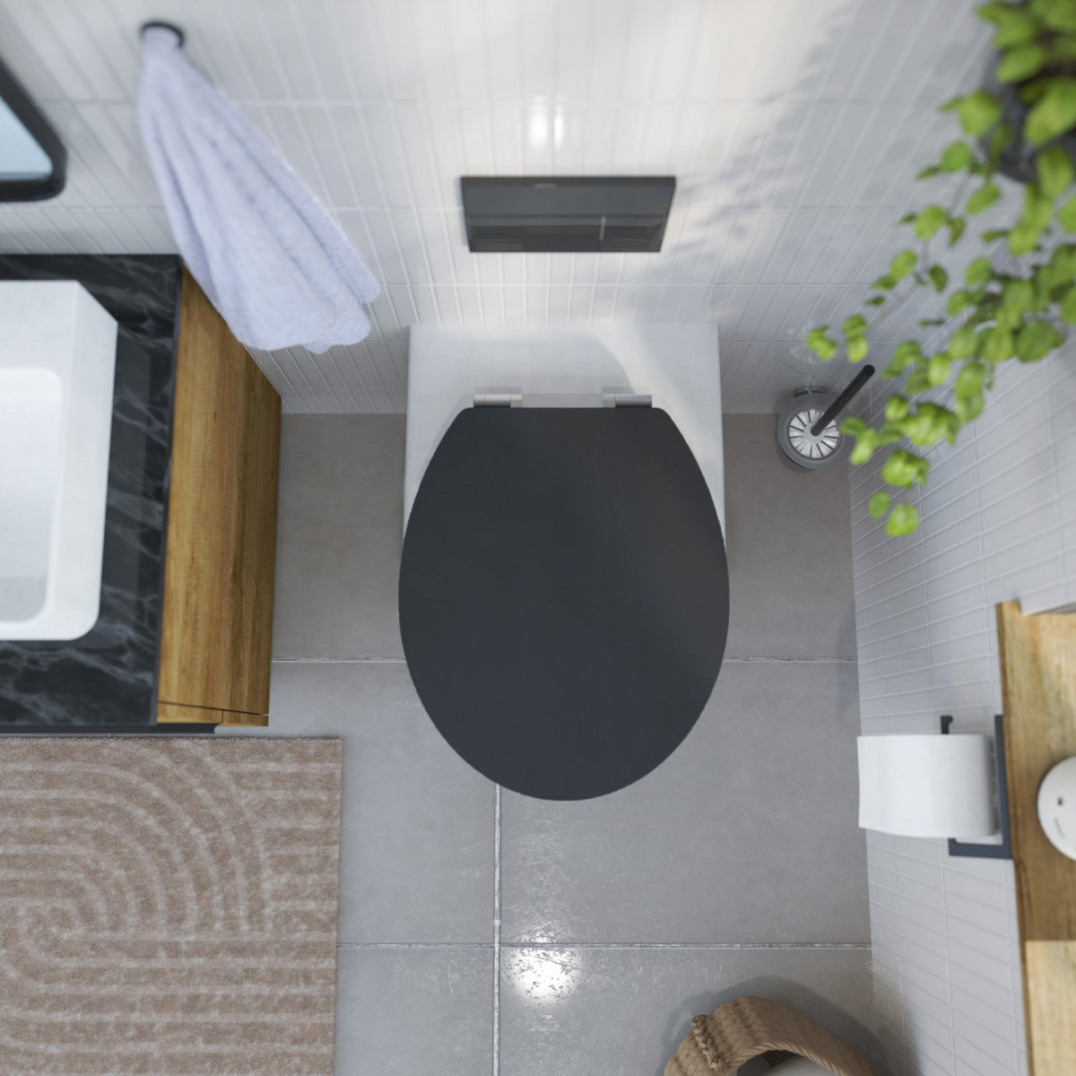 Wandhängendes WC mit schwarzem Toilettensitz in modernem Badezimmer mit hellen Fliesen.
