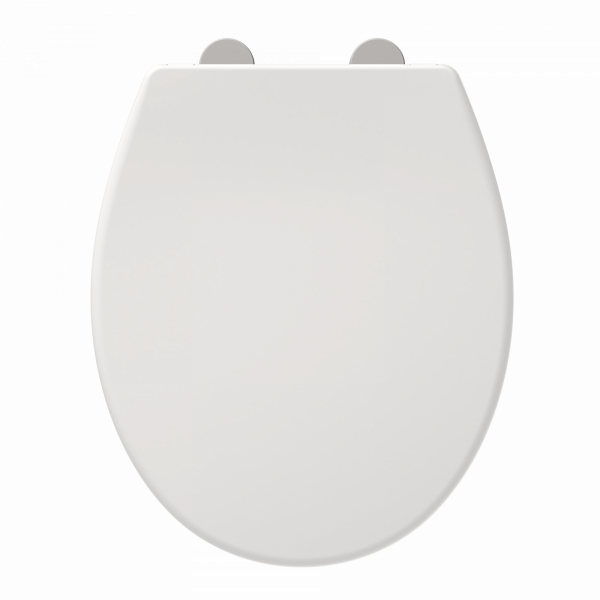 Weißer, ovaler WC-Sitz mit glatter Oberfläche und sichtbaren Scharnieren oben.