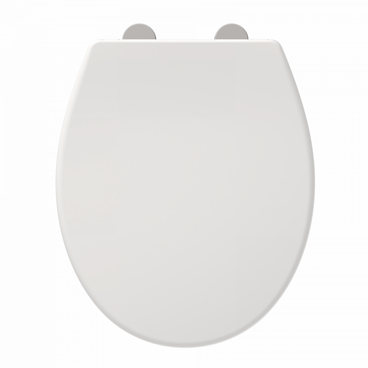 Weißer, ovaler WC-Sitz mit glatter Oberfläche und sichtbaren Scharnieren oben.