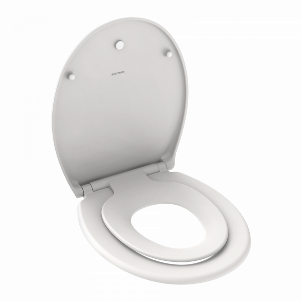 Weißer WC-Sitz mit Deckel und integrierter Kindersitz-Einlage, aufgeklappt gezeigt.