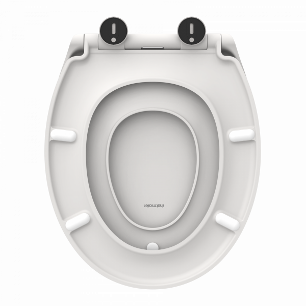 Weißer WC-Sitz in ovaler Form mit Befestigungselementen und Stoßdämpfern.