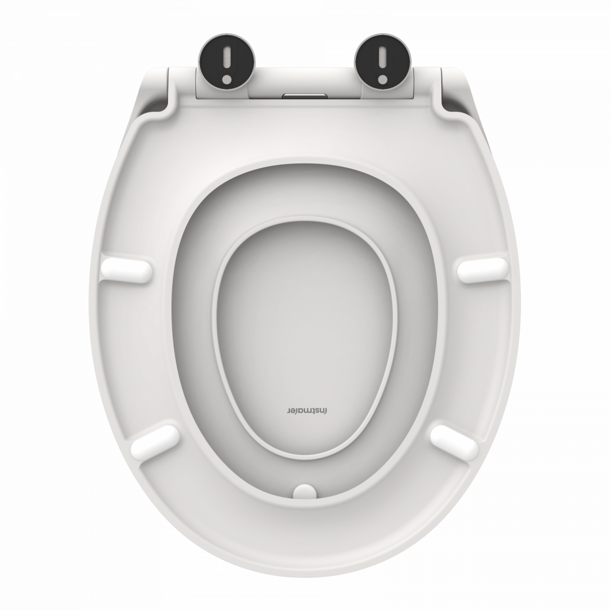 Weißer WC-Sitz in ovaler Form mit Befestigungselementen und Stoßdämpfern.