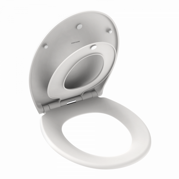 Weißer WC-Sitz mit hochgeklapptem Deckel und integriertem Kindersitz.
