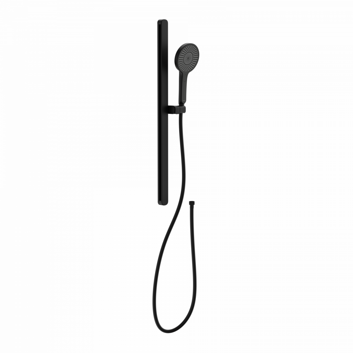 Schwarze Handbrause mit langer Brausestange und flexiblem Duschschlauch.