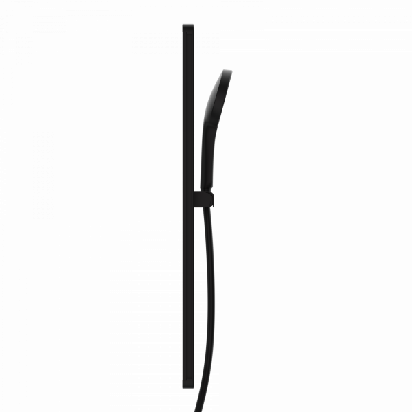 Schwarze Handbrause mit Wandstange und flexiblem Duschschlauch in Seitenansicht.