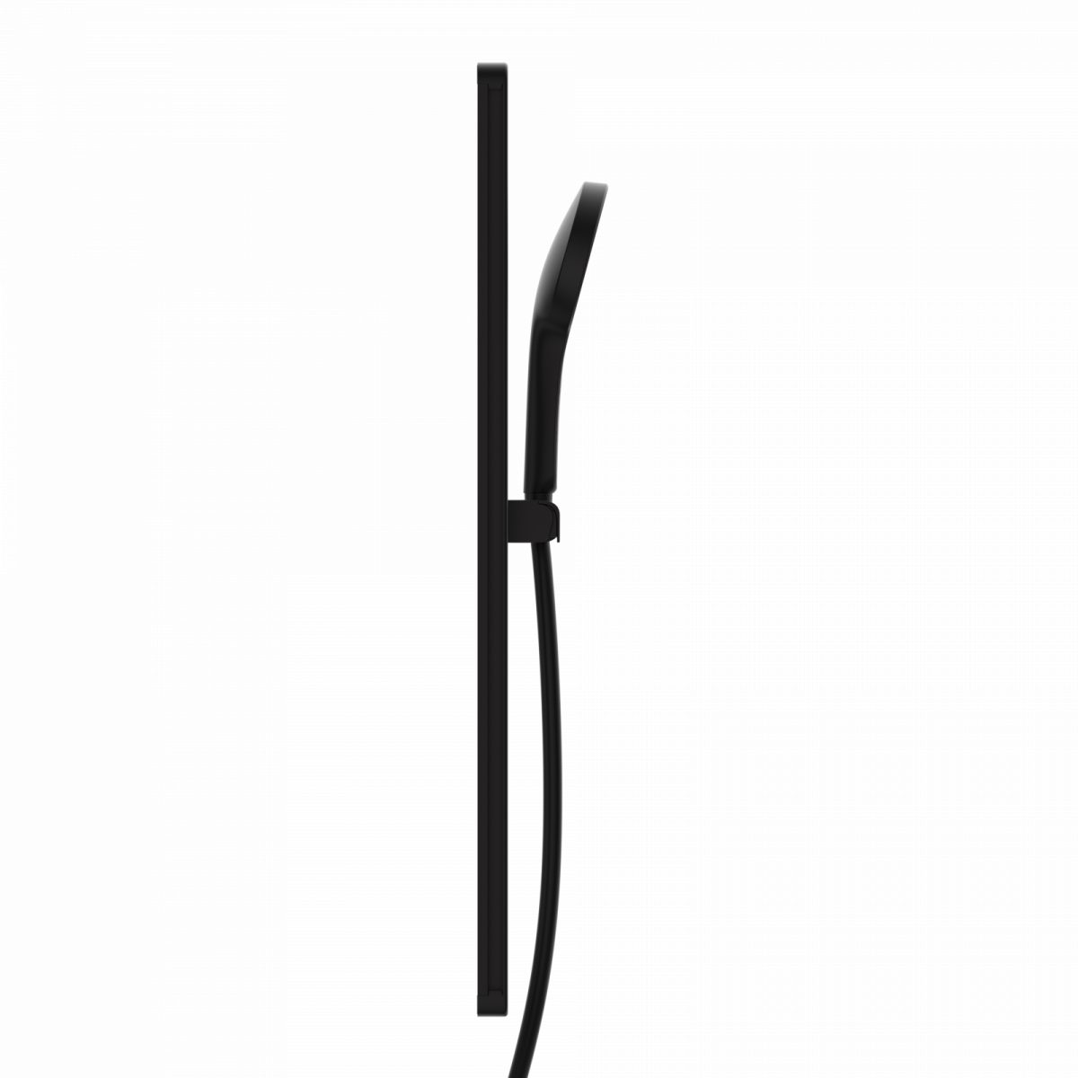 Schwarze Handbrause mit Wandstange und flexiblem Duschschlauch in Seitenansicht.