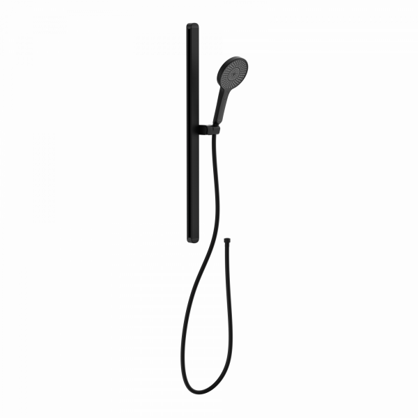 Schwarze Handbrause mit Wandstange und flexiblem Duschschlauch.