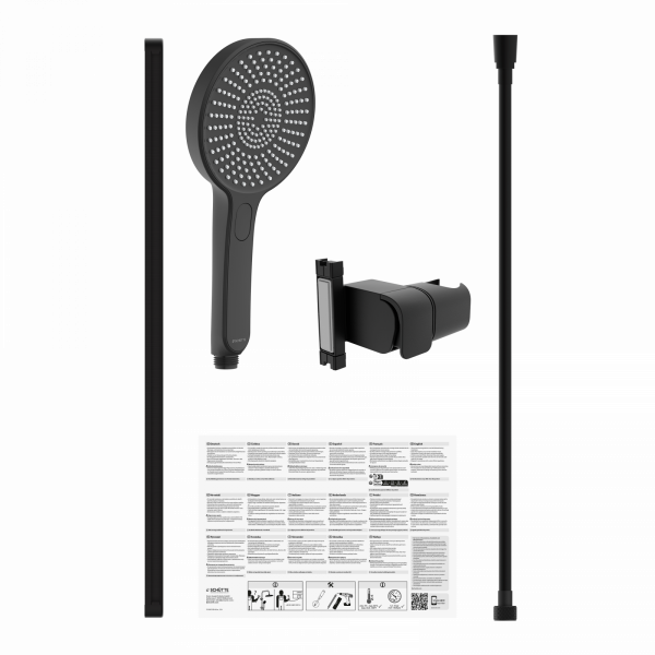 Schwarzes Duschset mit Handbrause, Wandhalterung, Stange, Schlauch und Anleitung.