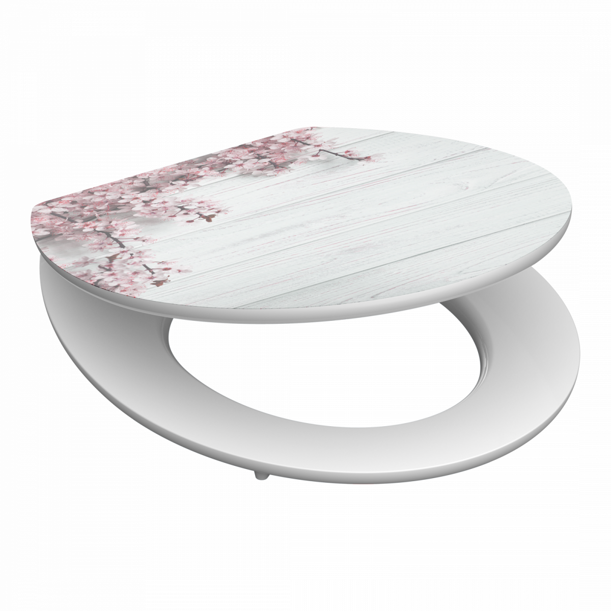 Runder WC-Sitz mit Deckel in Holzoptik und rosa Blütenmuster auf weißem Hintergrund.