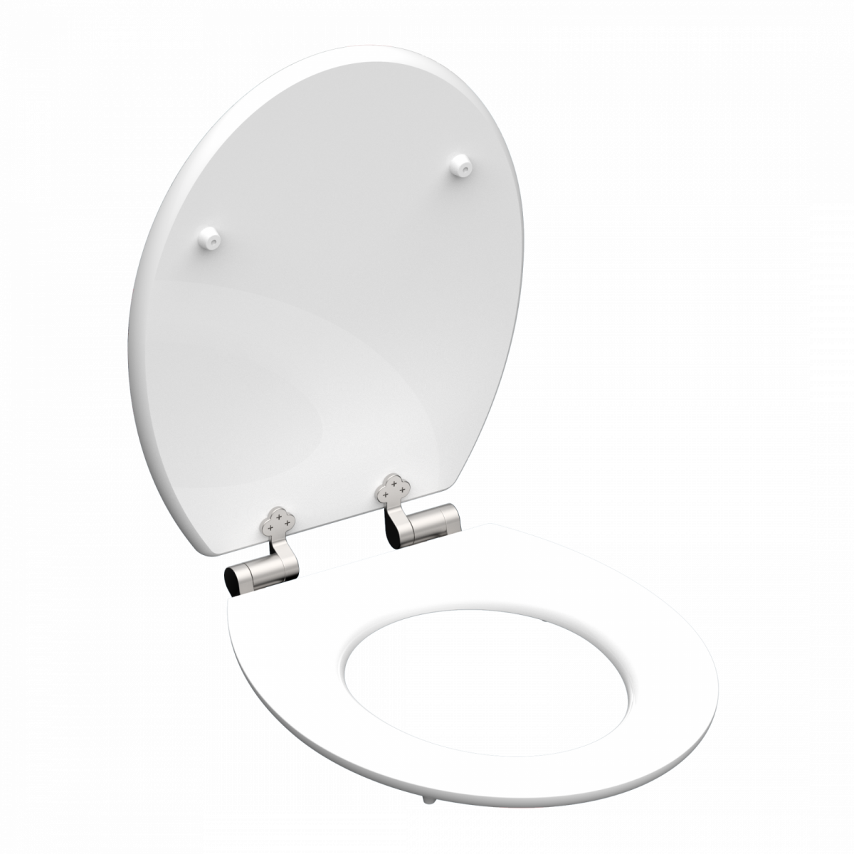 Weißer WC-Sitz mit Deckel und silbernen Metallscharnieren in geöffneter Position.