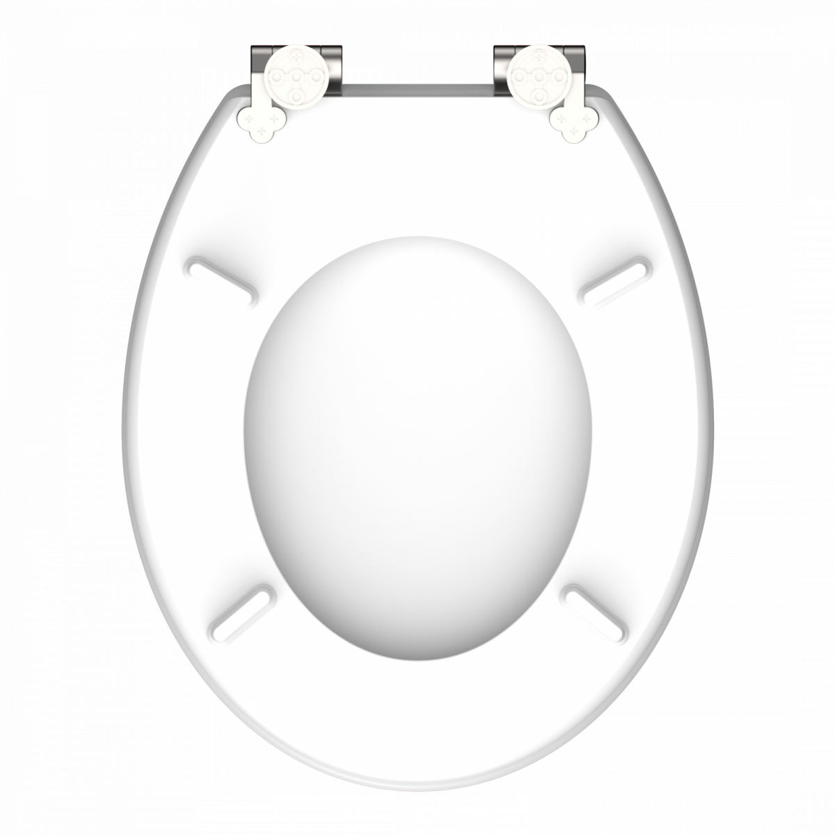 Weißer ovaler Toilettensitz mit Metall-Scharnieren in Ansicht von unten.