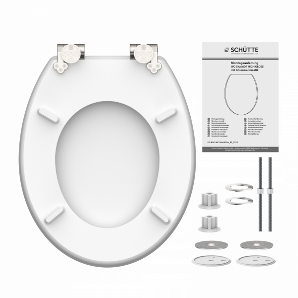 Weißer ovaler WC-Sitz mit Montageset und bebilderter Anleitung - Schütte.