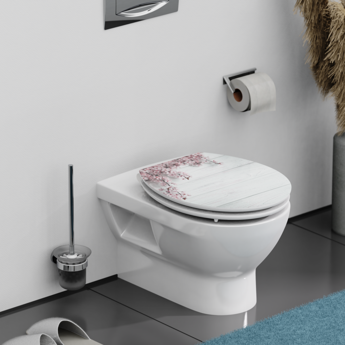 Wandmontierte weiße Toilette mit geschlossenem WC-Sitz in Holzoptik und Blütenmotiv.