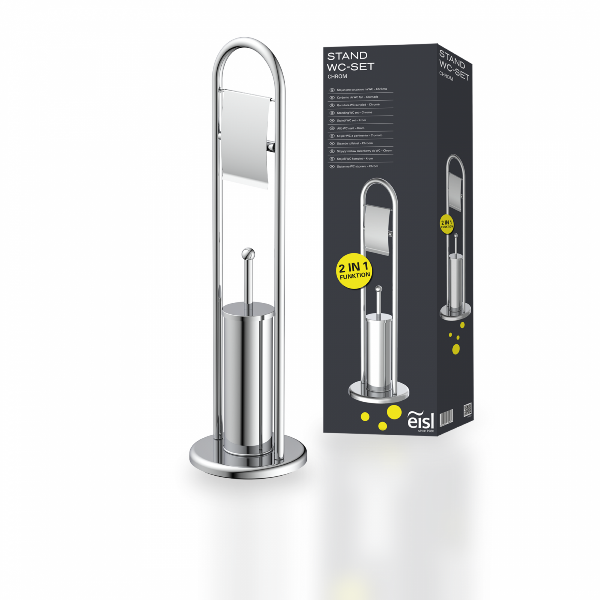 Chromfarbenes WC-Standset mit Toilettenpapierhalter und WC-Bürste neben Produktverpackung.