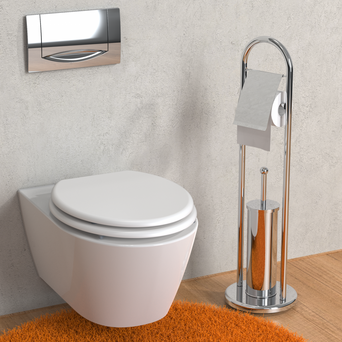 Wandhängendes WC mit geschlossenem Deckel und verchromtem Stand WC-Set auf Holzfußboden.