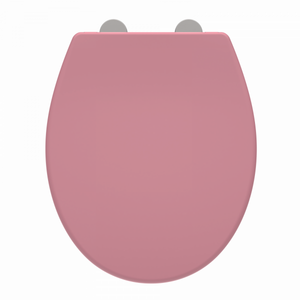 Rosafarbener WC-Sitz mit ovaler Form und silberfarbenen Scharnieren.