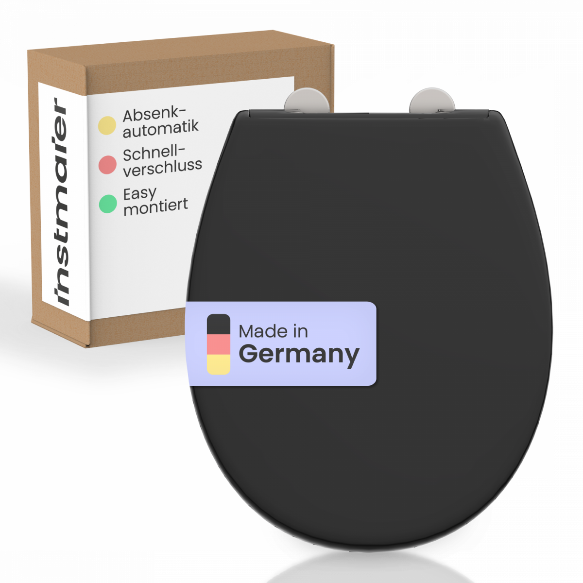 Schwarzer WC-Sitz mit silbernen Scharnieren vor Verpackung mit Funktionshinweisen.