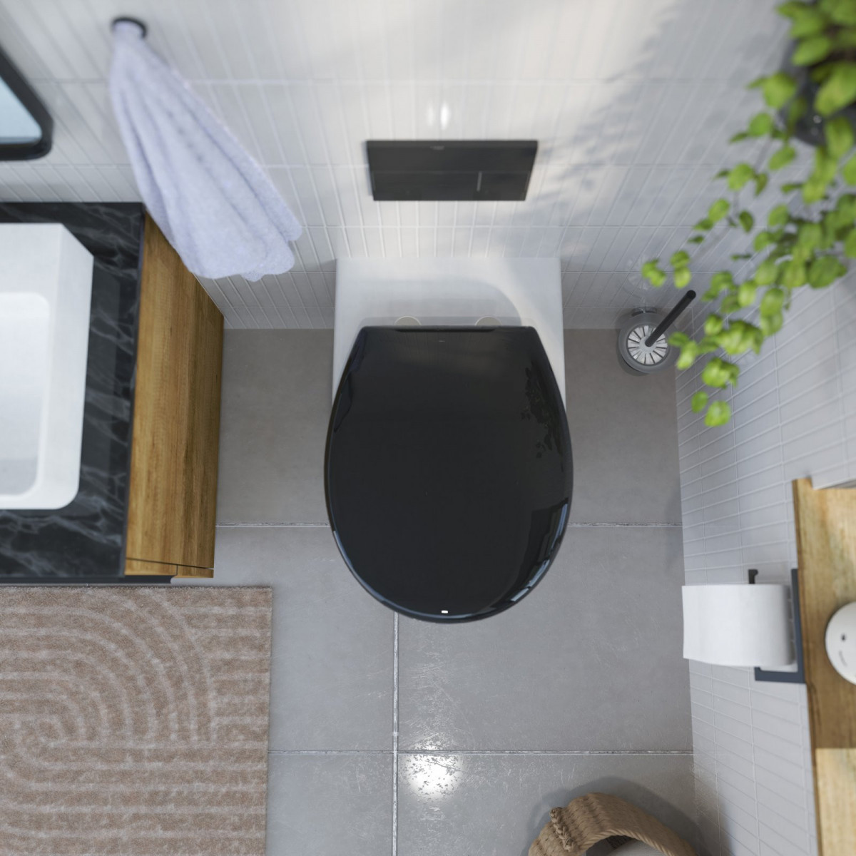 Wandhängende Toilette mit schwarzem WC-Sitz in modernem Bad