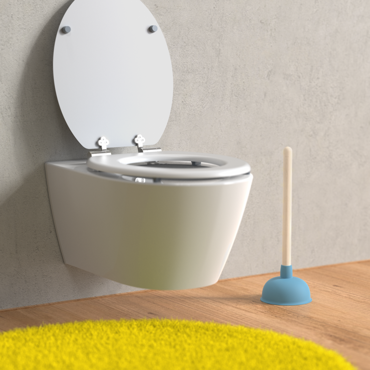 Wandhängende Toilette mit geöffnetem Deckel und blauer Gummisaugglocke auf Holzboden.
