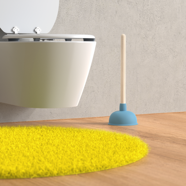 Ausgussreiniger mit Holzstiel und blauem Gummisauger neben Wand-WC