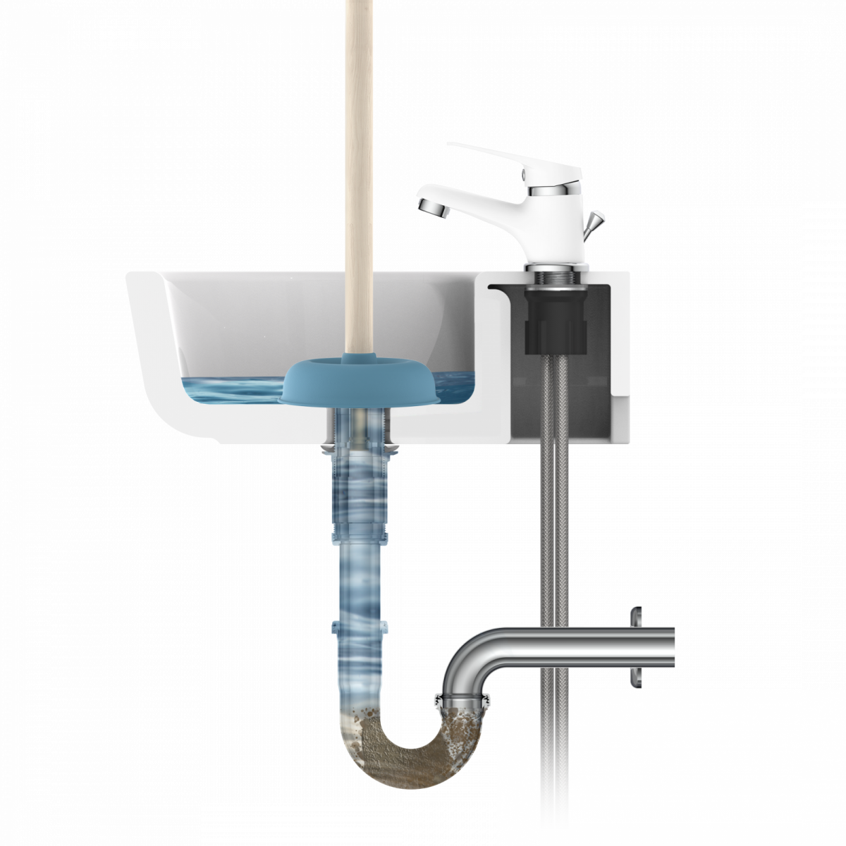 Querschnitt einer Spüle mit Wasserhahn, Gummisauger und verstopftem Abflussrohr.