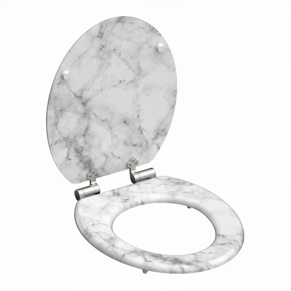 Toilettensitz mit Marmoroptik und verchromten Metallscharnieren