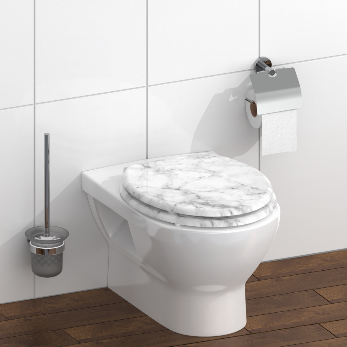 Wandhängende weiße Toilette mit geschlossenem Marmormuster-Sitz und Toilettenbürste.