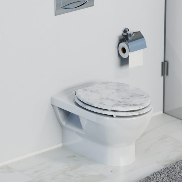 Wandhängendes WC mit geschlossenem Marmordekor-Toilettensitz in einem Badezimmer.