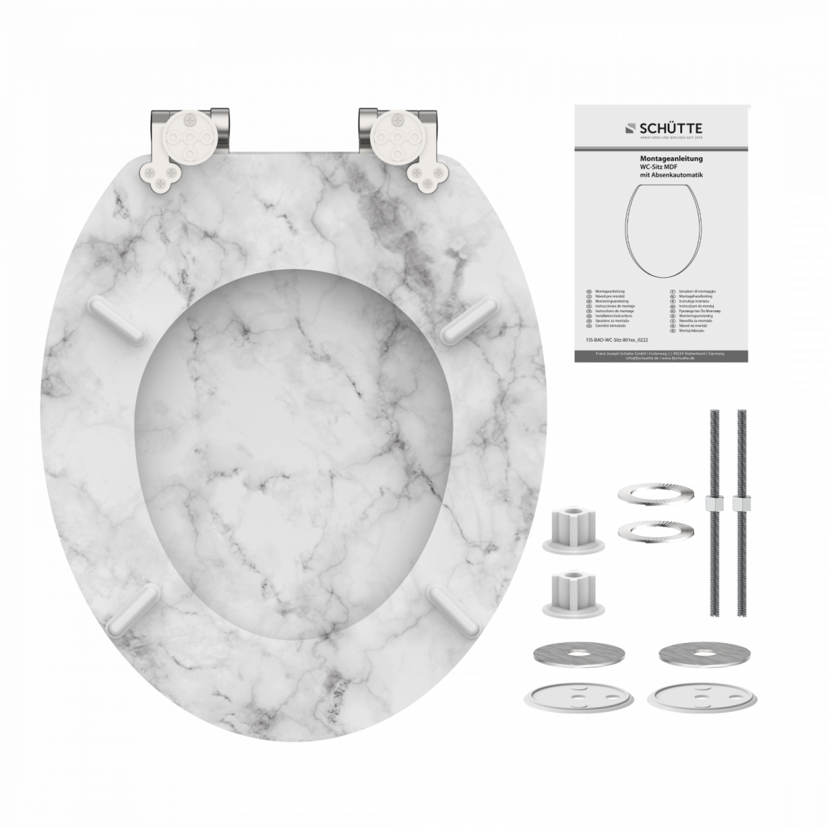 Toilettensitz mit grauer Marmoroptik, Scharniere, Montageset und Anleitung.