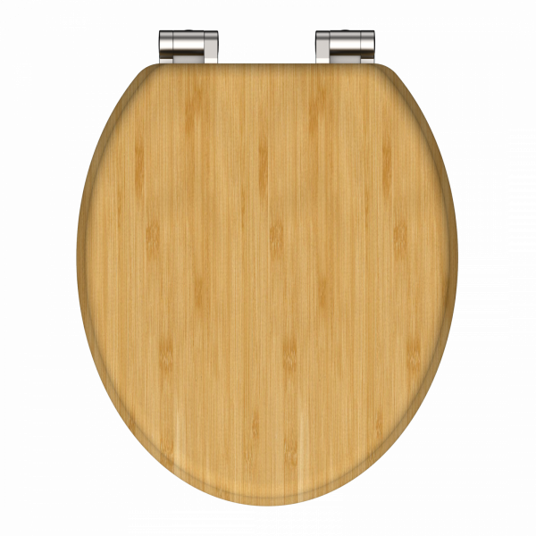 Runder Toilettendeckel aus hellem Holz mit silberfarbenen Metallscharnieren.