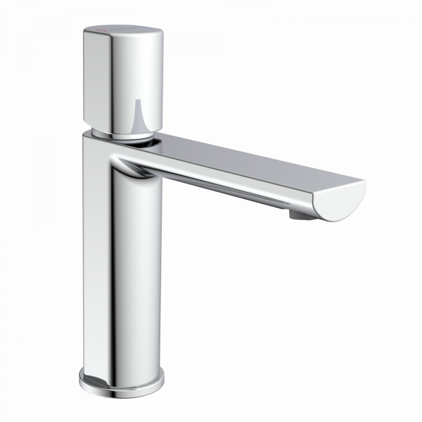 Verchromter Wasserhahn mit zylindrischem Körper und flachem, geradem Auslauf.