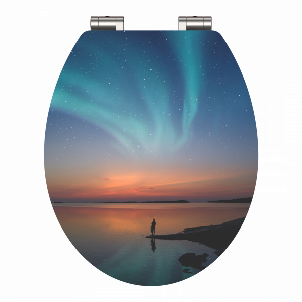 WC-Sitzdeckel mit Motiv eines Polarlichts über einem See in der Dämmerung.