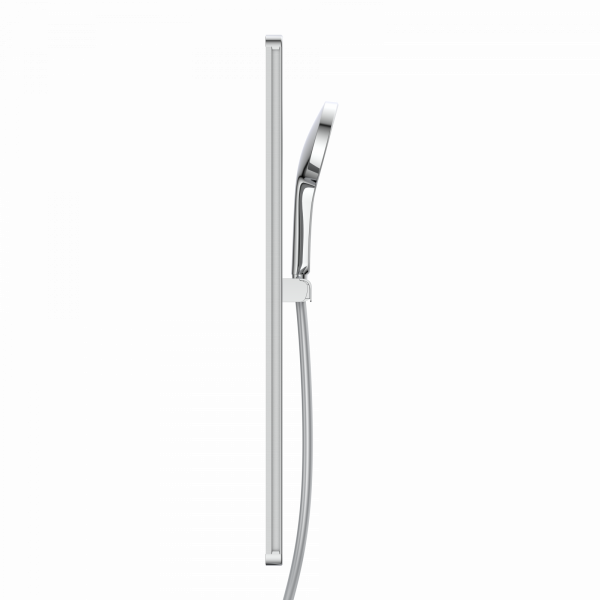 Verchromte Handbrause mit variabler Halterung und flexiblem Duschschlauch.