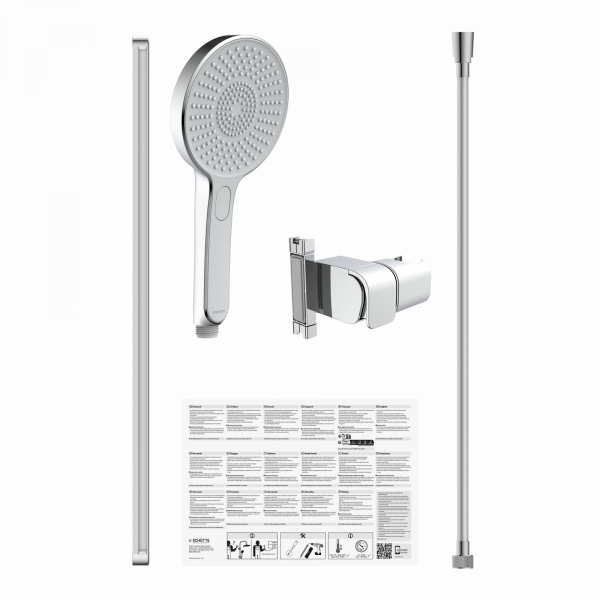 Duschset mit Handbrause, Wandhalterung, Duschstange, Brauseschlauch und Anleitung.