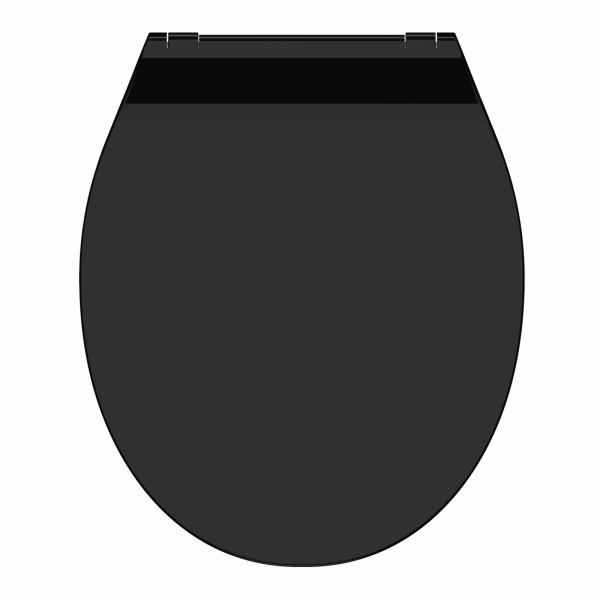 Schwarzer WC-Sitz mit abgerundeter Form und Scharnieren an der Rückseite.