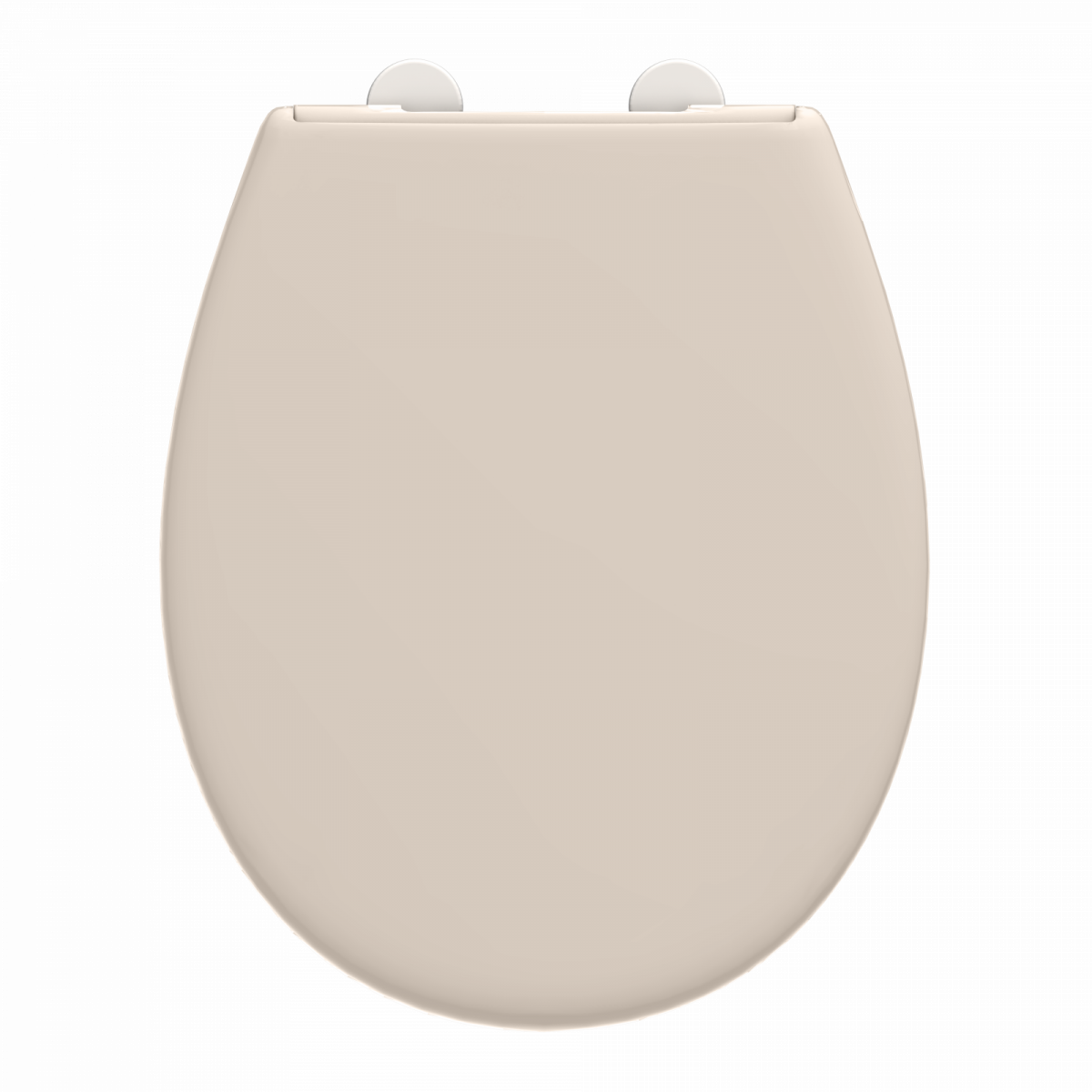 Beigefarbener WC-Sitz in ovaler Form mit geschlossener Deckelansicht.