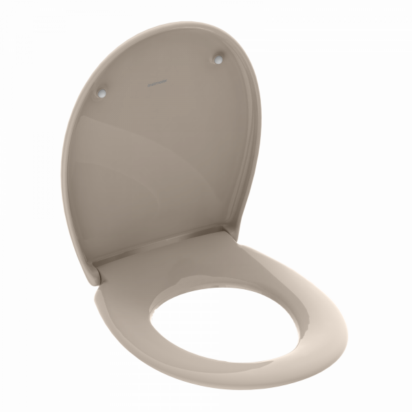 Beigefarbener WC-Sitz aus Kunststoff mit offenem Deckel in ovaler Form.