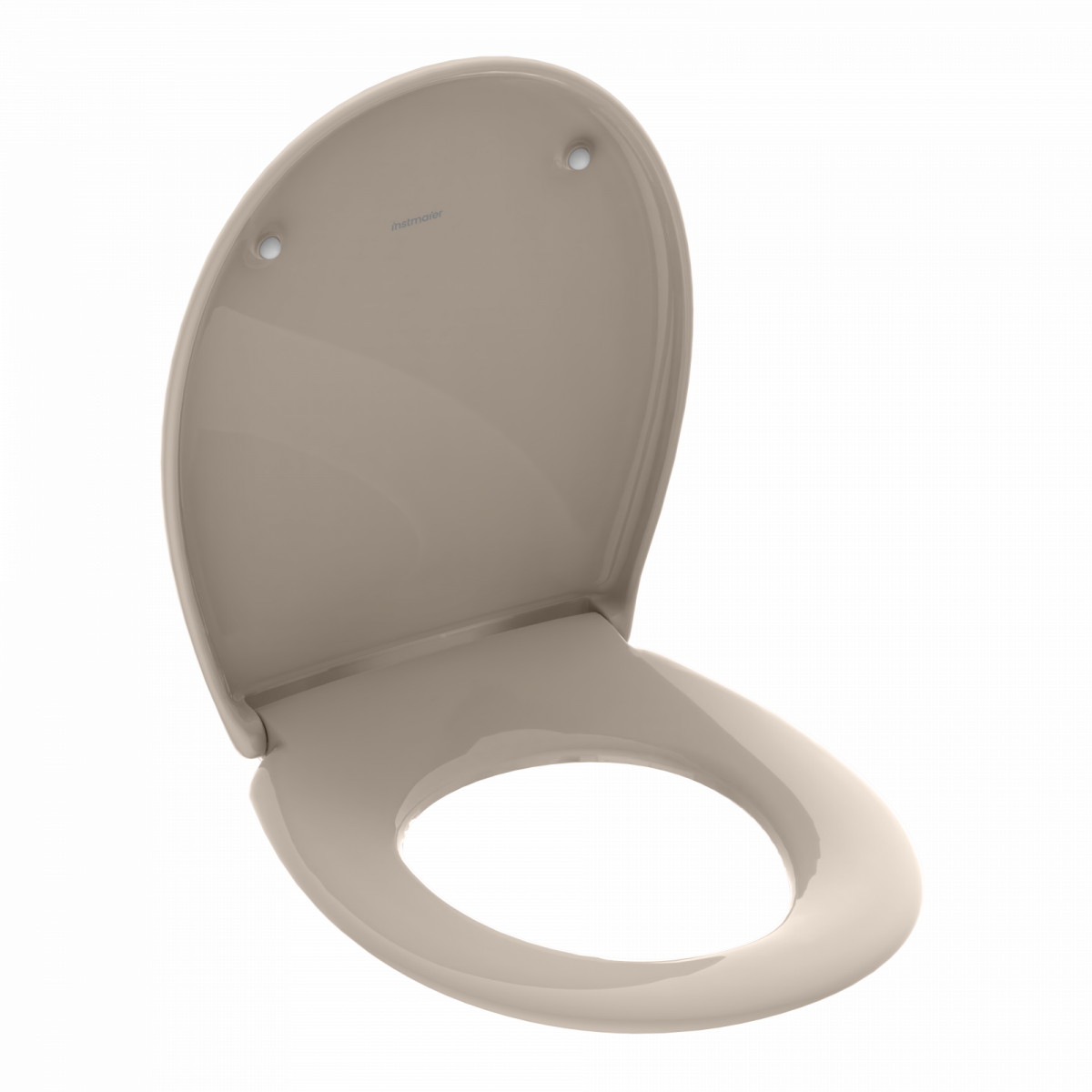 Beigefarbener WC-Sitz aus Kunststoff mit offenem Deckel in ovaler Form.