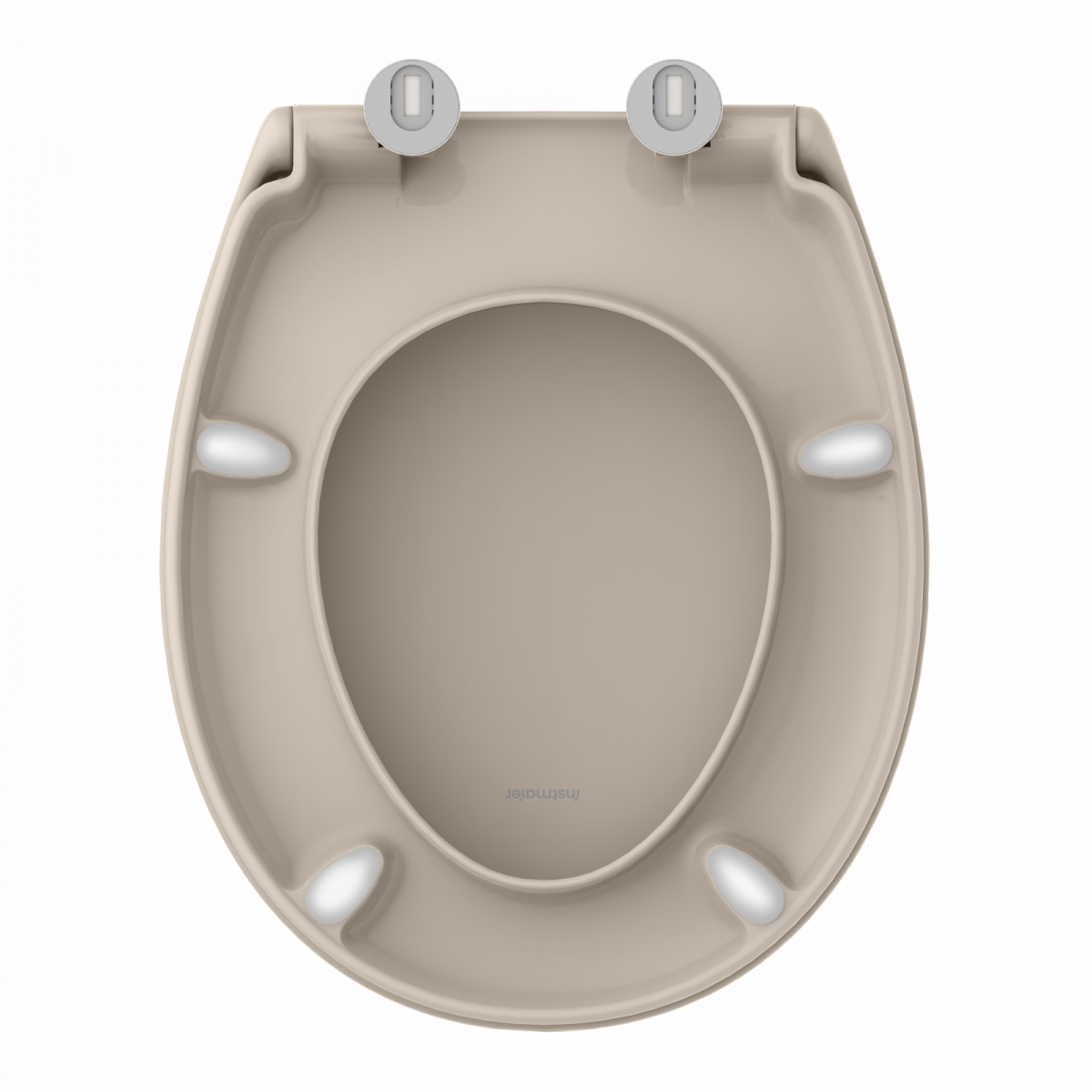 Beiger Toilettensitz mit ovaler Öffnung und silbernen Scharnieren von oben.