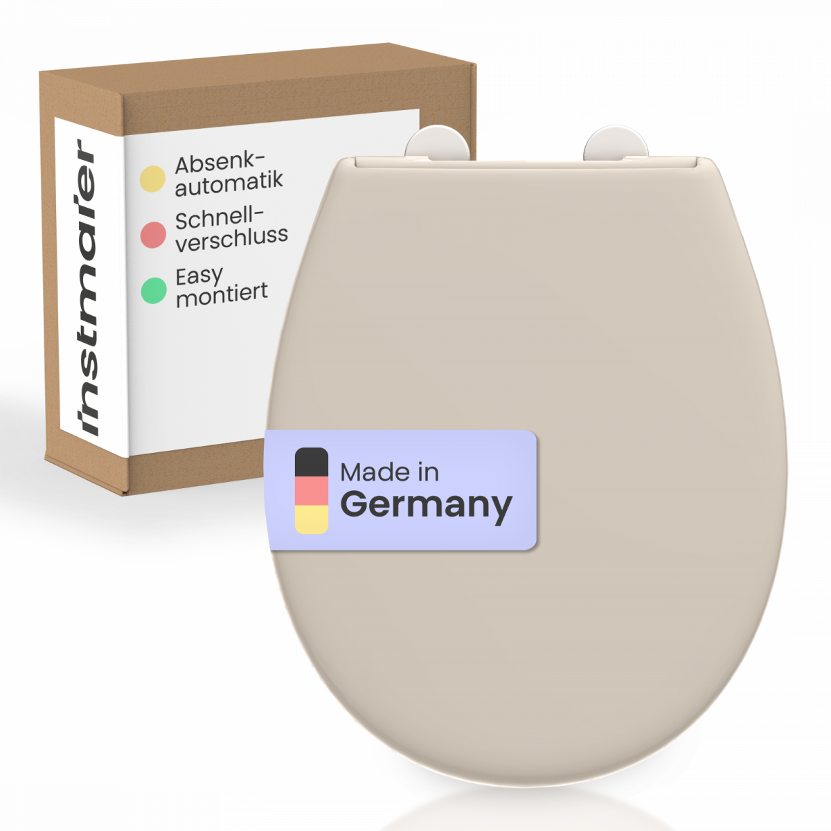 Beigefarbener WC-Sitz mit Verpackung im Hintergrund und Aufkleber „Made in Germany“.