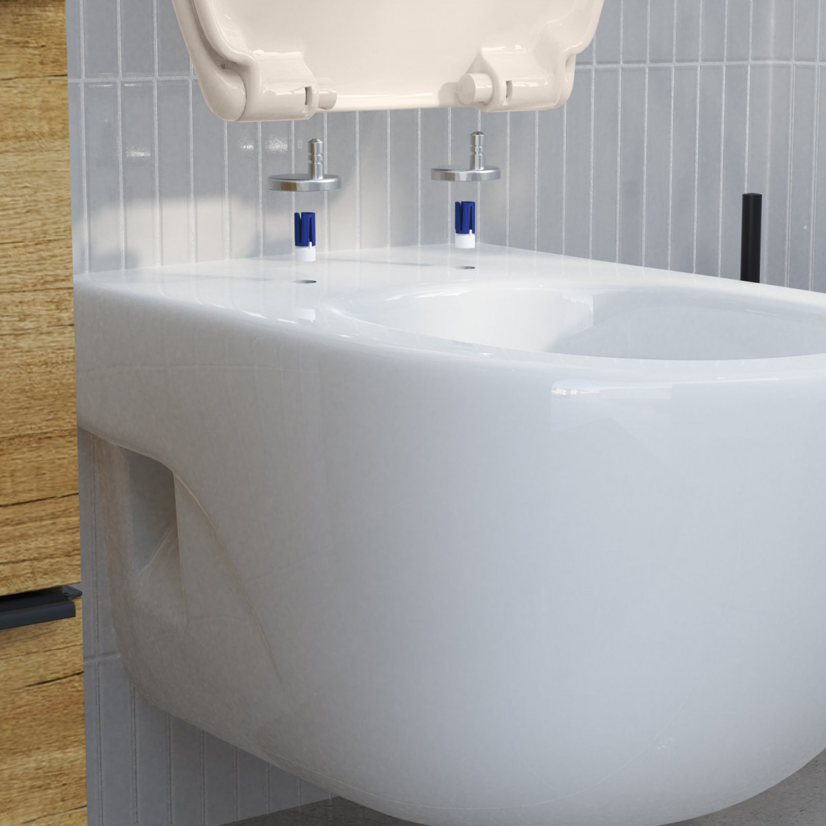 Weißer WC-Sitz mit Monatgematrial an Toilette montiert