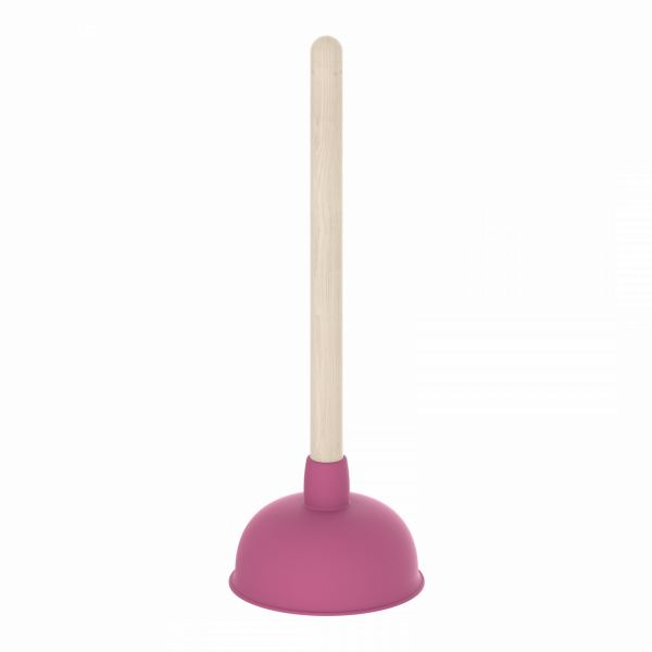 Ausgussreiniger mit Holzstiel und rosa Saugnapf