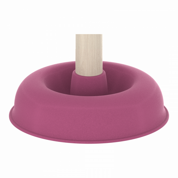 Rosa Saungnapf mit hellem Holzgriff, Unterteil aus Gummi oder Kunststoff.