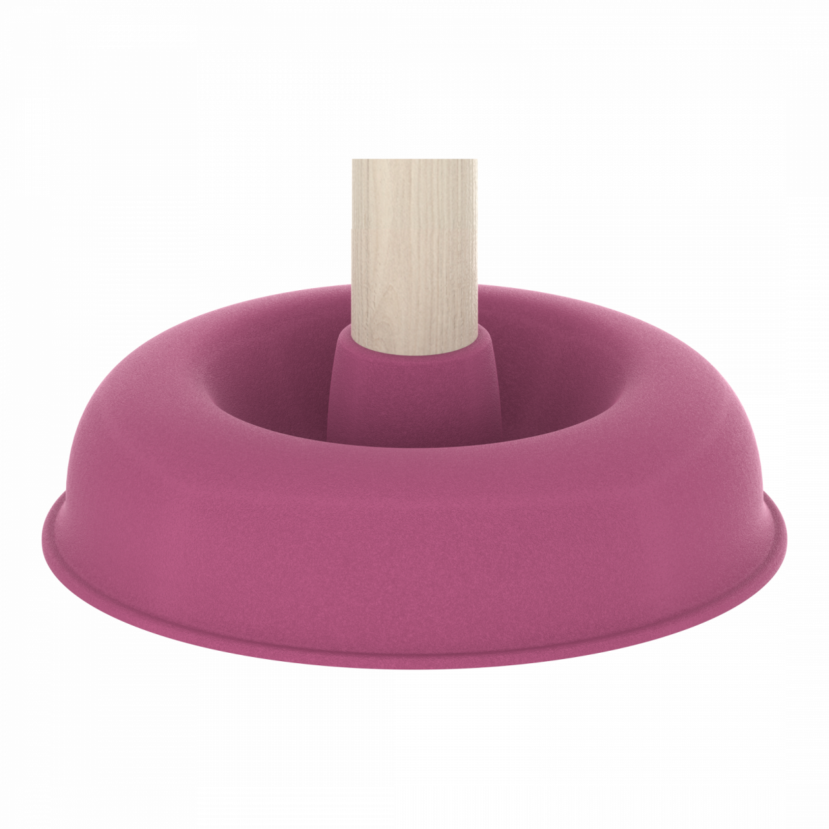 Rosa Saungnapf mit hellem Holzgriff, Unterteil aus Gummi oder Kunststoff.