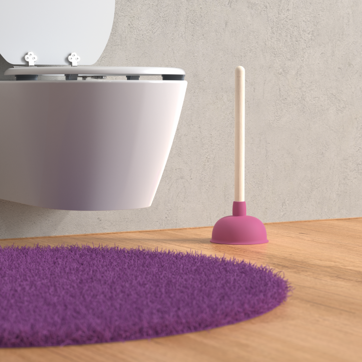 Wandhängendes WC mit offenem Deckel, daneben rosa Gummisaugglocke auf Holzfußboden.