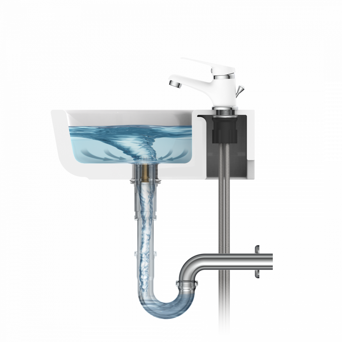 Querschnitt eines Waschbeckens mit Wasserabfluss und sichtbarem Siphon aus Metall.