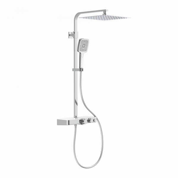 Duschsystem mit eckiger Kopfbrause, Handbrause, Thermostat mit Ablage und verstellbarer Wandhalterung.