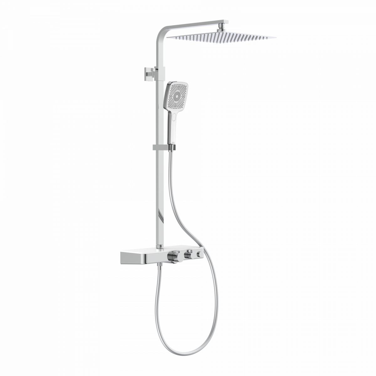 Duschsystem mit eckiger Kopfbrause, Handbrause, Thermostat mit Ablage und verstellbarer Wandhalterung.